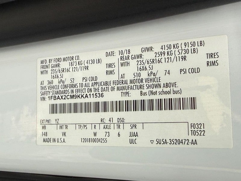 2019 Ford Transit Passenger Wagon T-350 148" Med Roof XL Sliding RH Dr