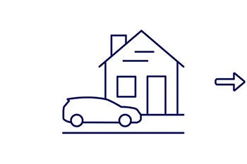 Icon drawing of a car in front of house with arrow pointing away