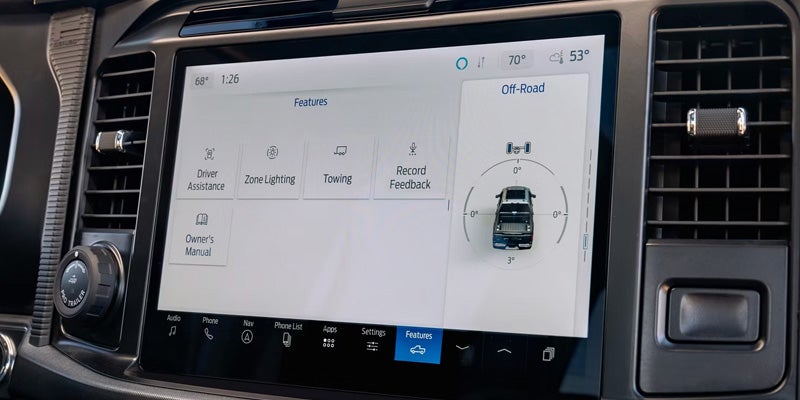 Car infotainment screen displaying "Features" like Driver Assistance, Towing, and Off-Road modes with a truck graphic.