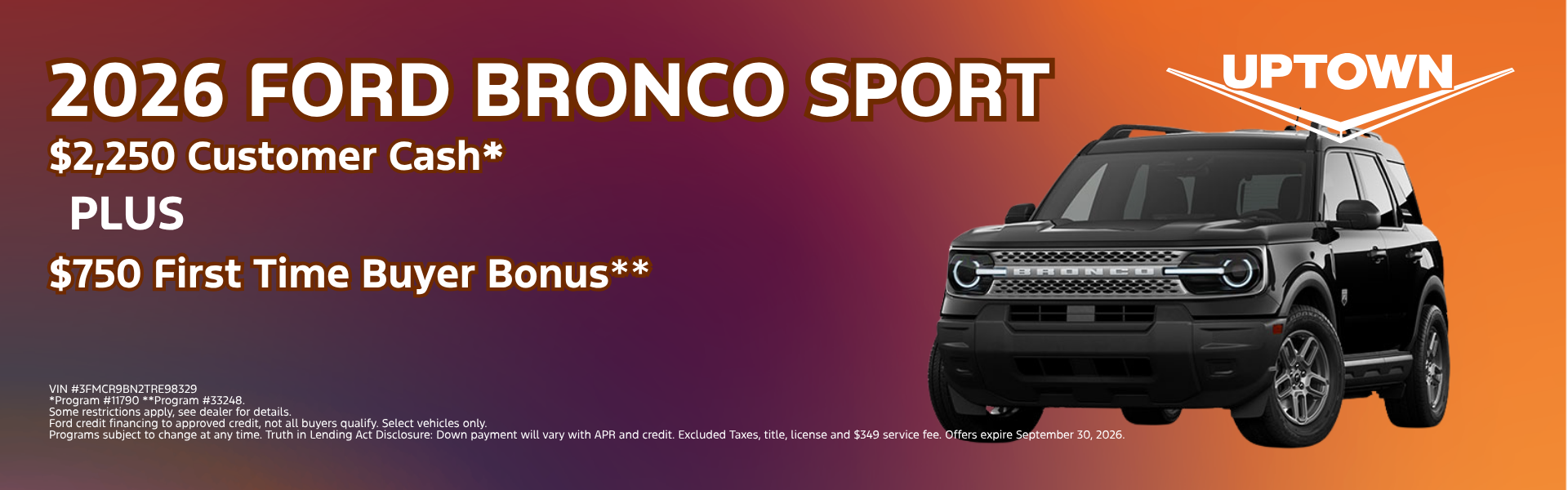 2026 Ford Bronco Sport offer featuring $2,250 Customer Cash 