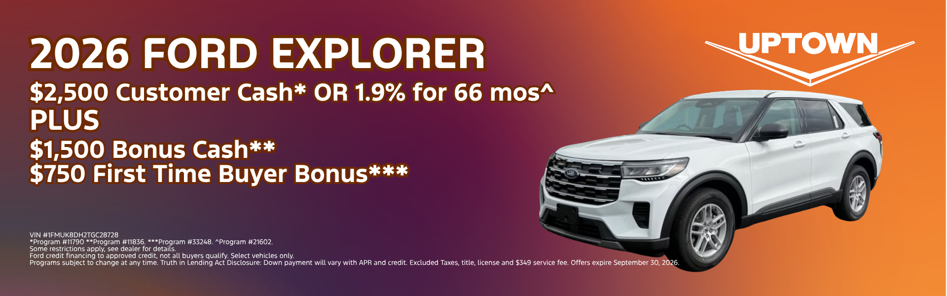2026 Ford Explorer offer featuring $2,500 Customer Cash or 1