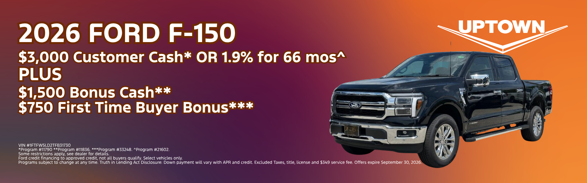 2026 Ford F-150 offer featuring $3,000 Customer Cash or 1.9%